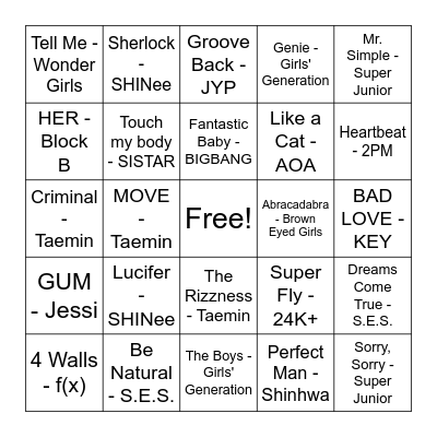 1st/2nd Gen Songs Bingo Card