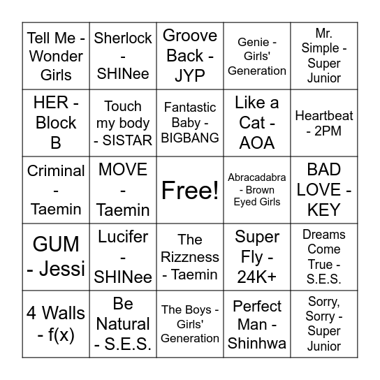 1st/2nd Gen Songs Bingo Card