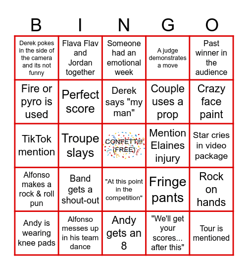 DWTS ROCK & ROLL NIGHT Bingo Card
