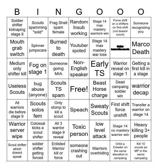 Freedom War Bingo Card