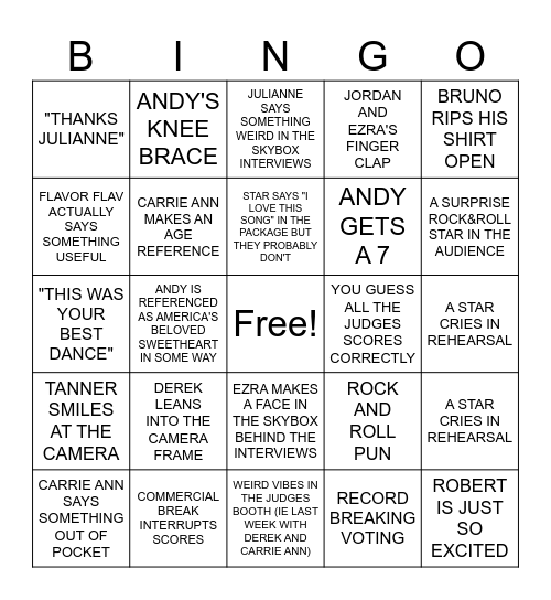 DANCING WITH THE STARS Bingo Card