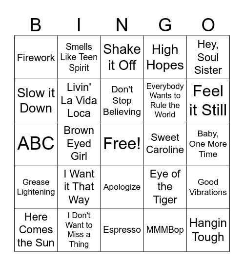 Name That Song Bingo Card