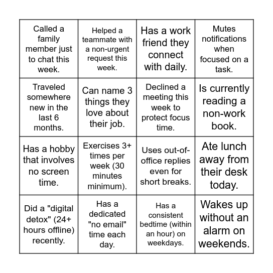 The Balancing Act BINGO Card