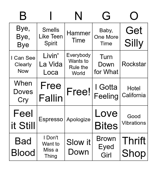 Name That Song Bingo Card
