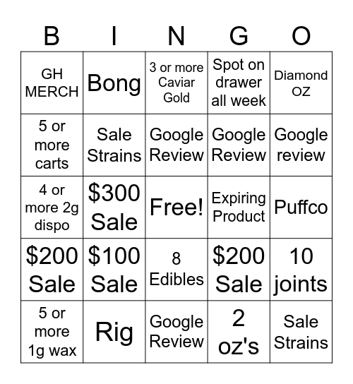 Budtender Bingo Card