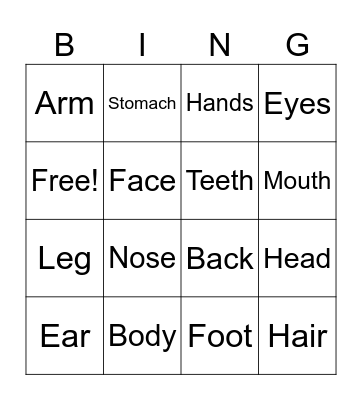 Body Parts Bingo Card