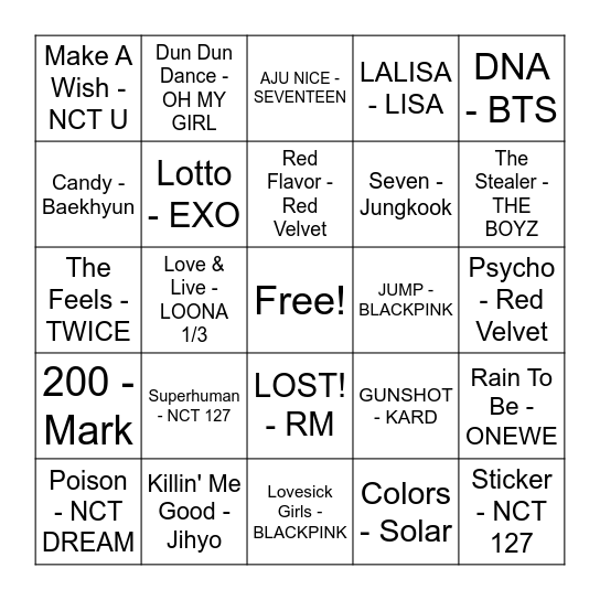 3rd Gen Group Songs Bingo Card