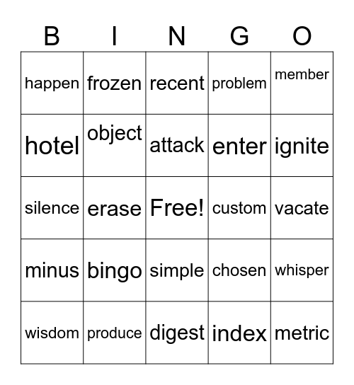 2 syllable words Bingo Card