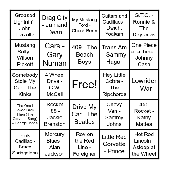 SONGS ABOUT CARS Bingo Card