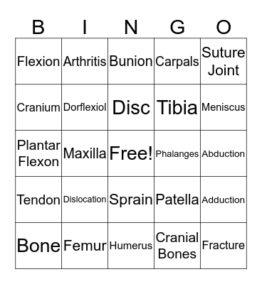 Medical Terminology Bingo Card