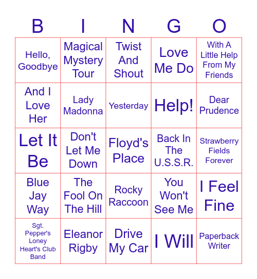 BEATLES Bingo Card