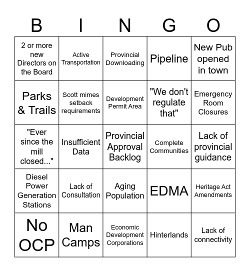 Rural Planning Bingo Card