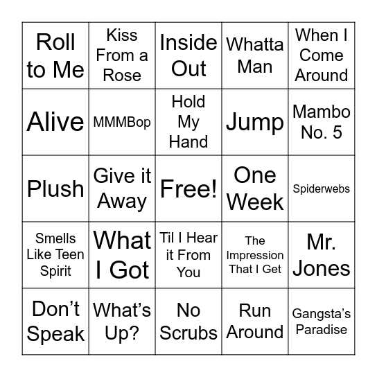 “Now That’s What I Call Bingo: The 90s” Bingo Card