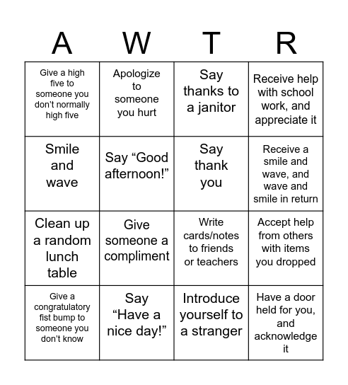 Generosity Bingo Card