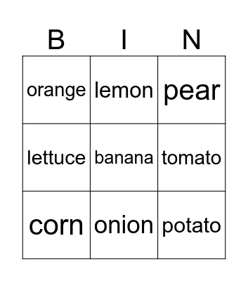 Fruits and vegetables Bingo Card
