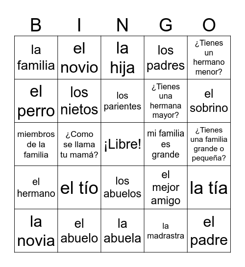 La Familia Bingo Card