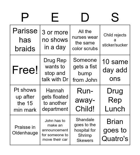 Pediatric Bingo Card
