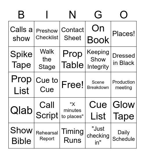 Stage Manager Job Bingo Card