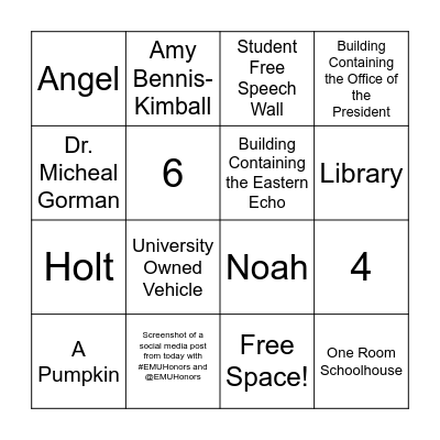 Campus Scavenger Hunt Bingo Card
