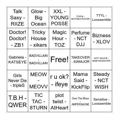 5th Gen Songs Bingo Card
