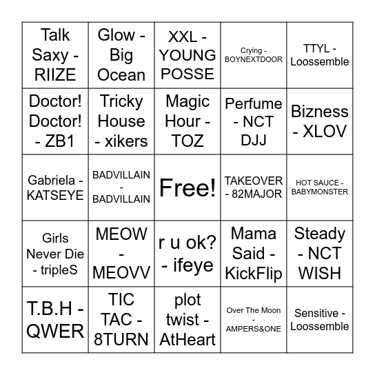 5th Gen Songs Bingo Card