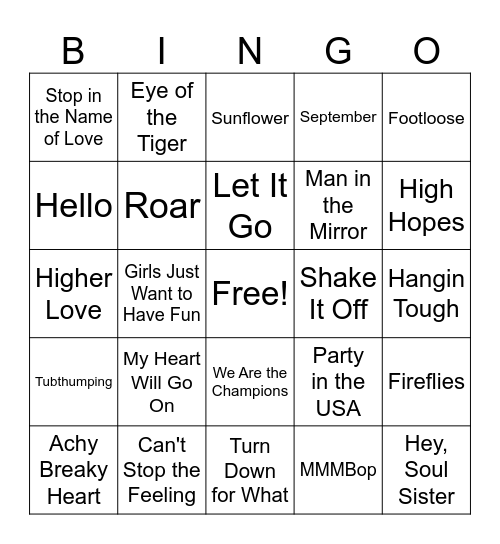 Name That Song Bingo Card