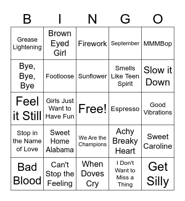 Name That Song Bingo Card