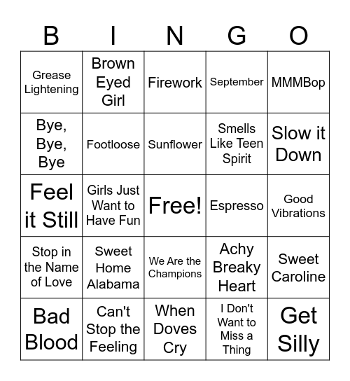 Name That Song Bingo Card