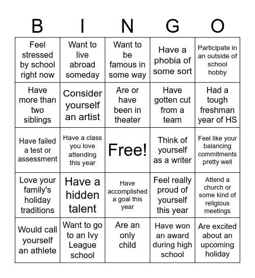 Link Crew Bingo Card