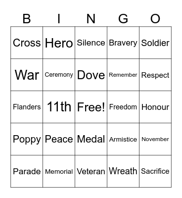 Remembrance Day Bingo Card