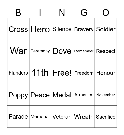 Remembrance Day Bingo Card