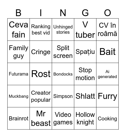 YouTube Roulette Bingo Card