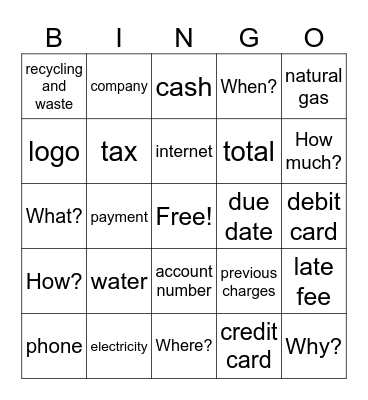 Utility Bills Bingo Card