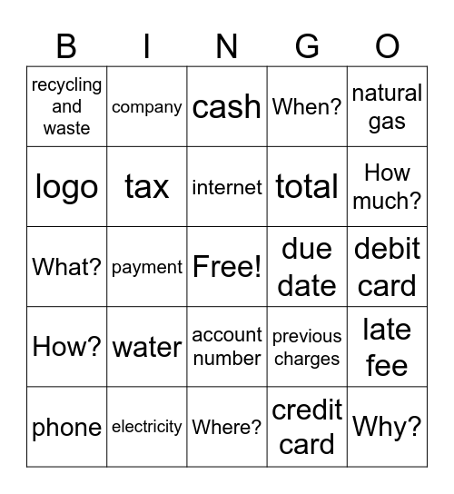 Utility Bills Bingo Card