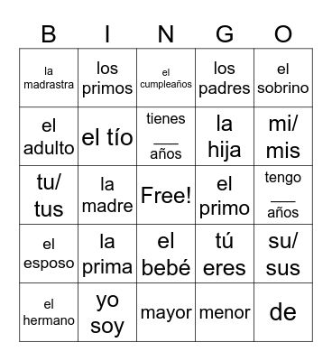 Elementary Spanish Unit 3 Bingo Card