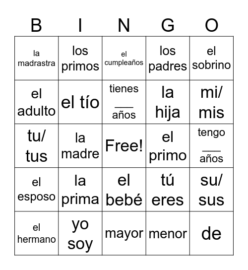 Elementary Spanish Unit 3 Bingo Card