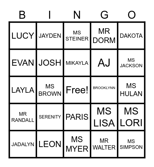 NAMES Bingo Card