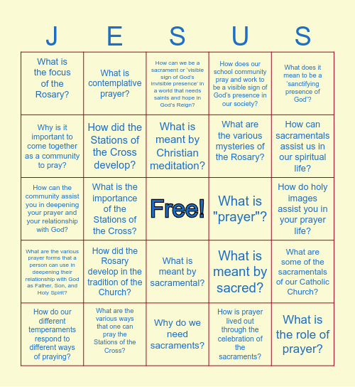 Prayer Bingo Card