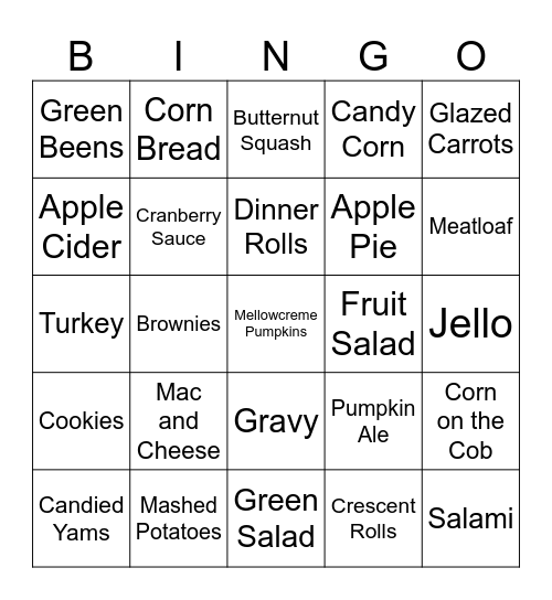 Thanksgiving Food Bingo Card
