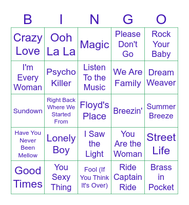 70's HIT SONGS Bingo Card