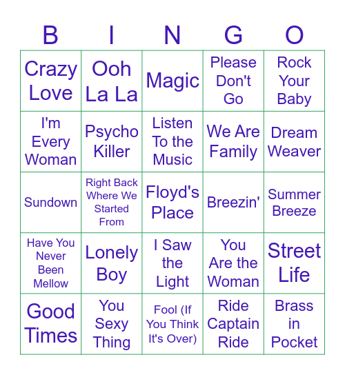 70's HIT SONGS Bingo Card
