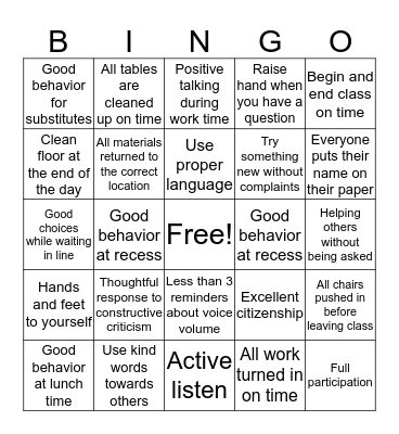 Positive Behavior Bingo Card