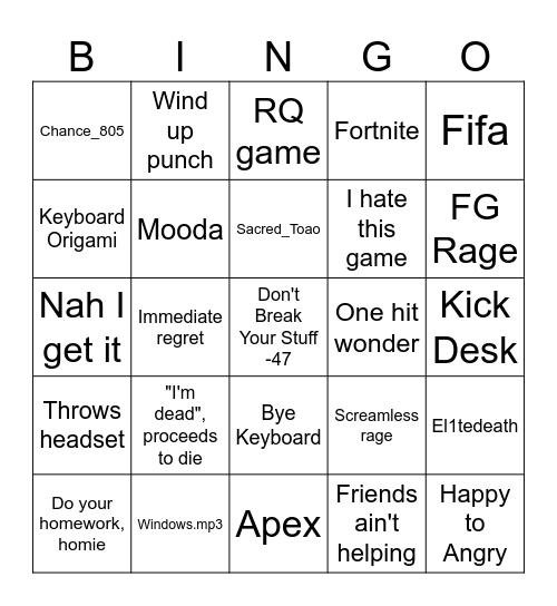 Hapee's Gamer Rage V3 Bingo Card