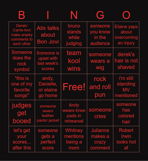 DWTS Rock Night Bingo Card