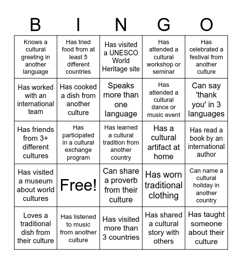 Rotary cultural bingo Card