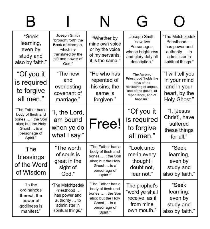 Doctrinal Mastery - D&C/Church History Bingo Card