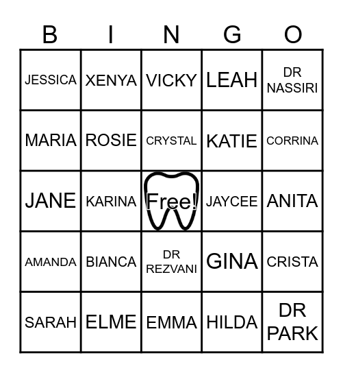 Dental Bingo Card
