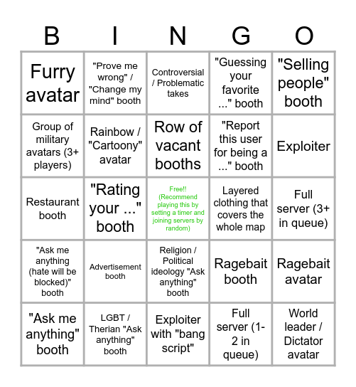 Roblox Booth Game Bingo Card