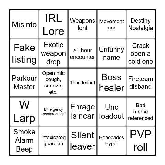 LFG Bingo Card