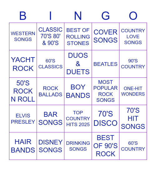 CATEGORYS FOR MUSIC Bingo Card